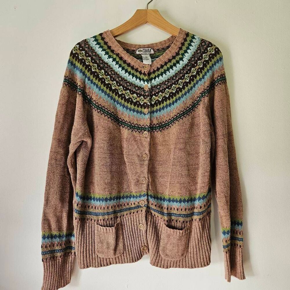 Tiara International Fair Isle Ramie Cotton Cardigan Sweater Women's L Brown